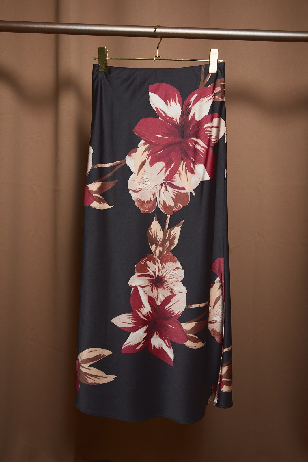 Nightbloom Floral Satin Midi Skirt - Black Mauve Floral