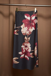 Nightbloom Floral Satin Midi Skirt - Black Mauve Floral