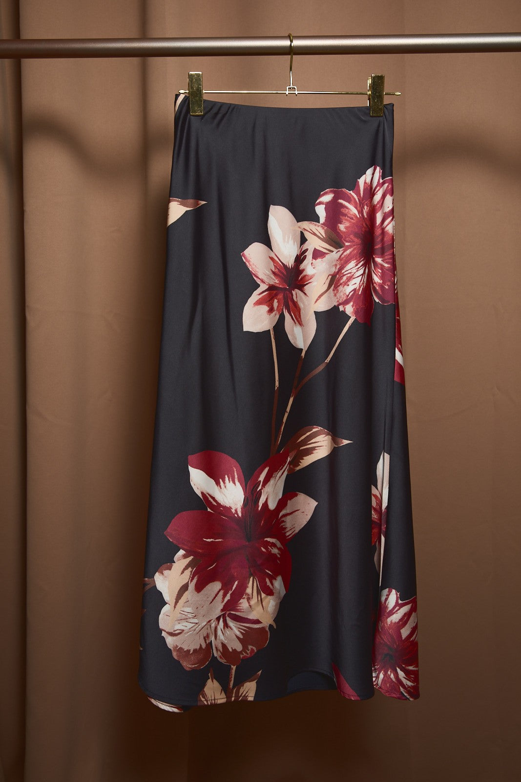 Nightbloom Floral Satin Midi Skirt - Black Mauve Floral