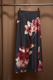 Nightbloom Floral Satin Midi Skirt - Black Mauve Floral