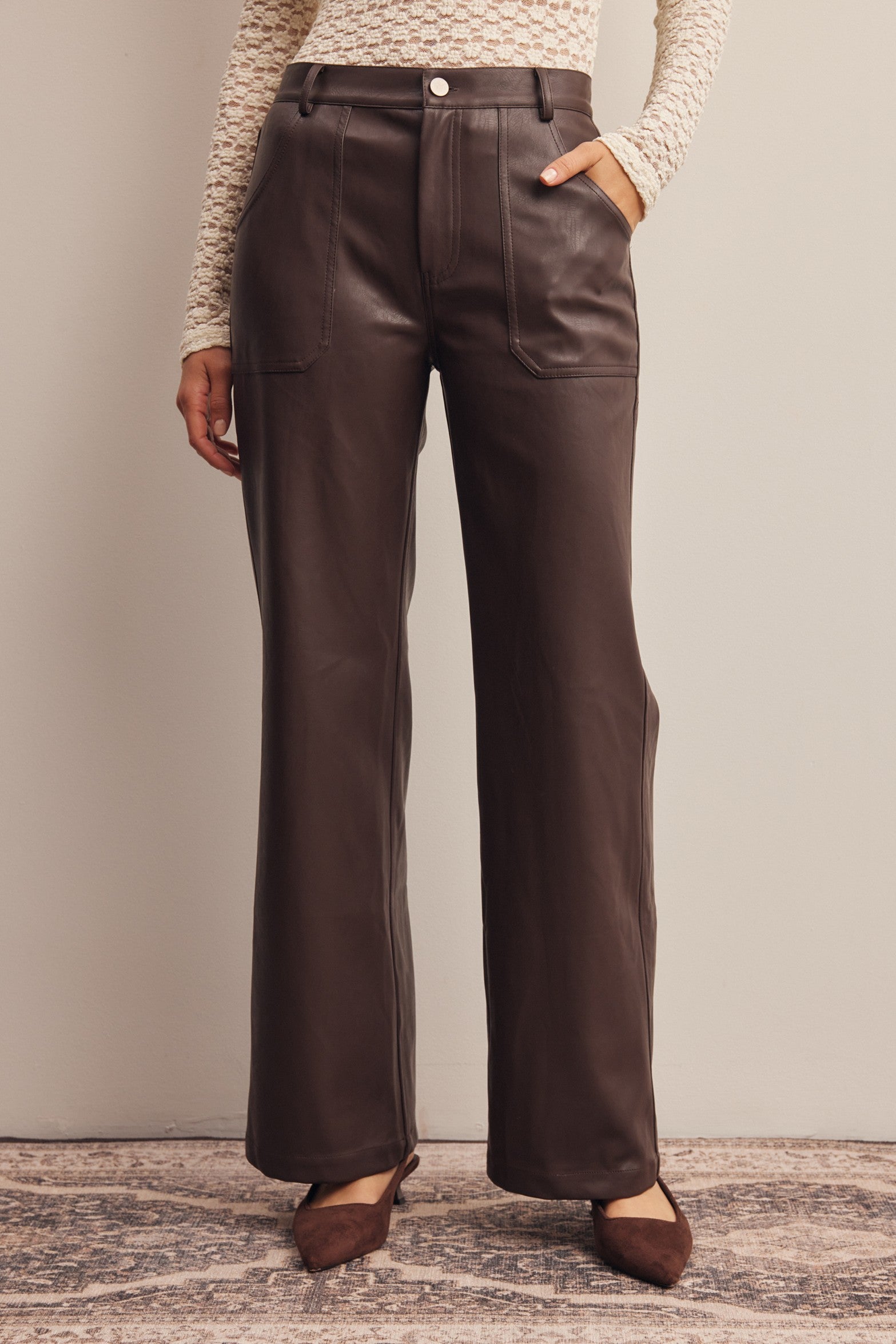 Nightfall Faux Leather Straight Leg Pants in Dark Brown, photo 1