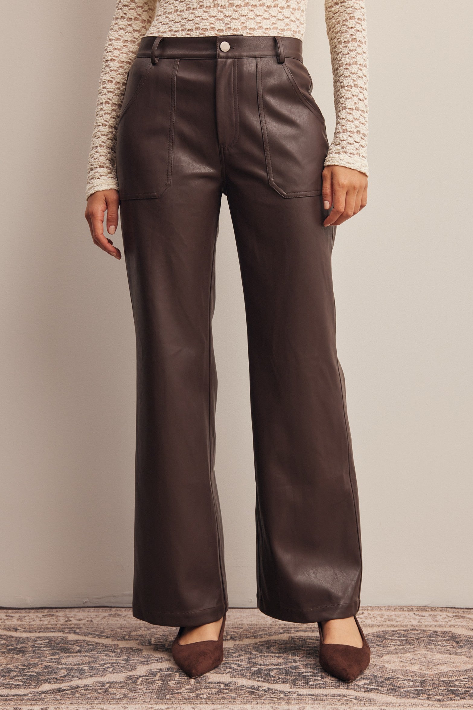 Nightfall Faux Leather Straight Leg Pants in Dark Brown, photo 2