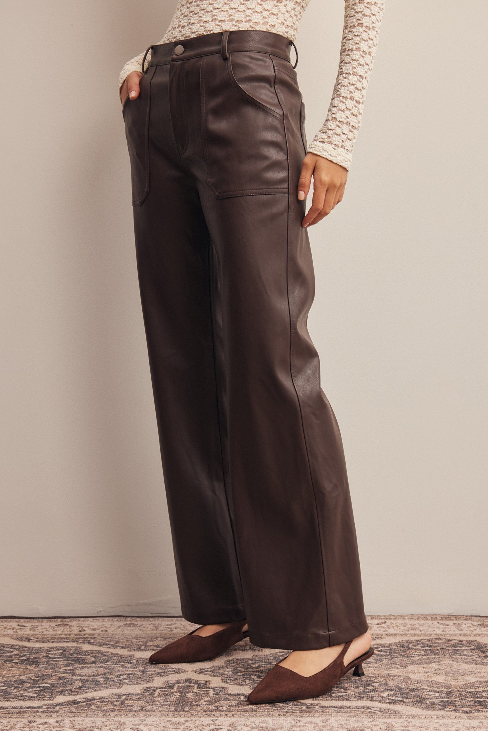Nightfall Faux Leather Straight Leg Pants in Dark Brown, photo 4