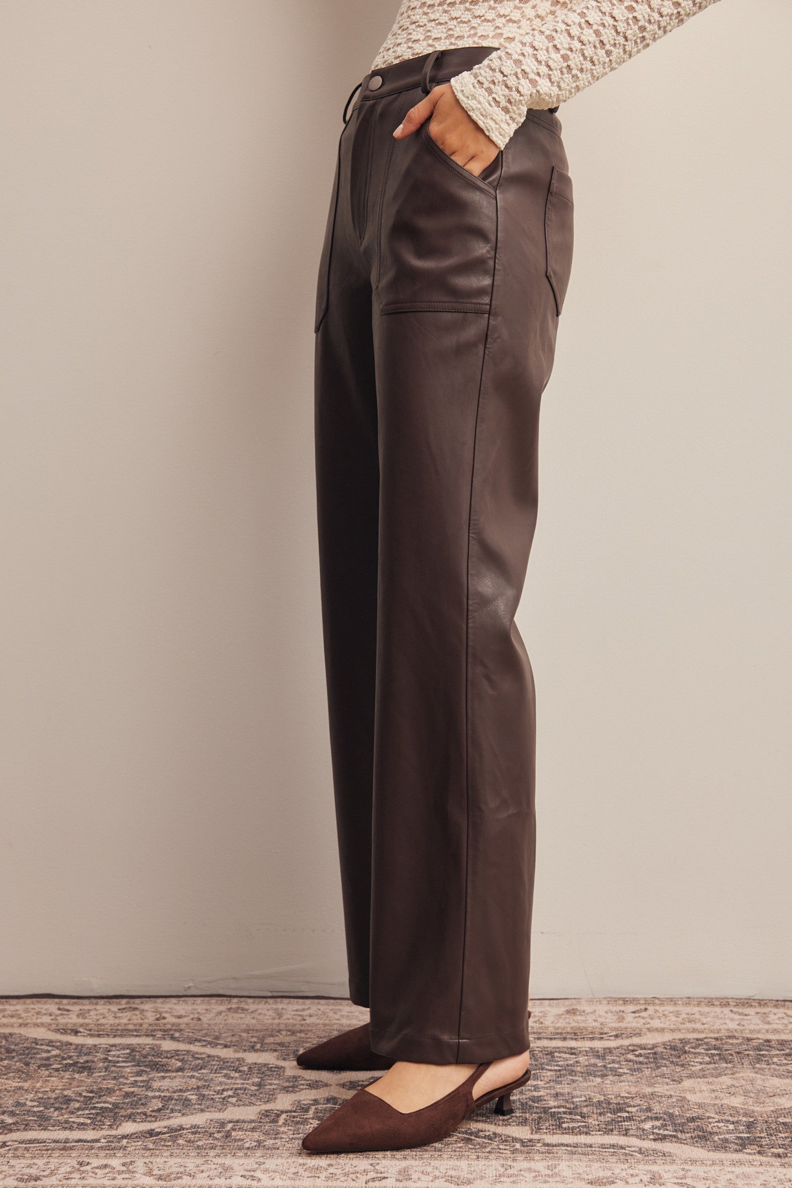 Nightfall Faux Leather Straight Leg Pants in Dark Brown, photo 6