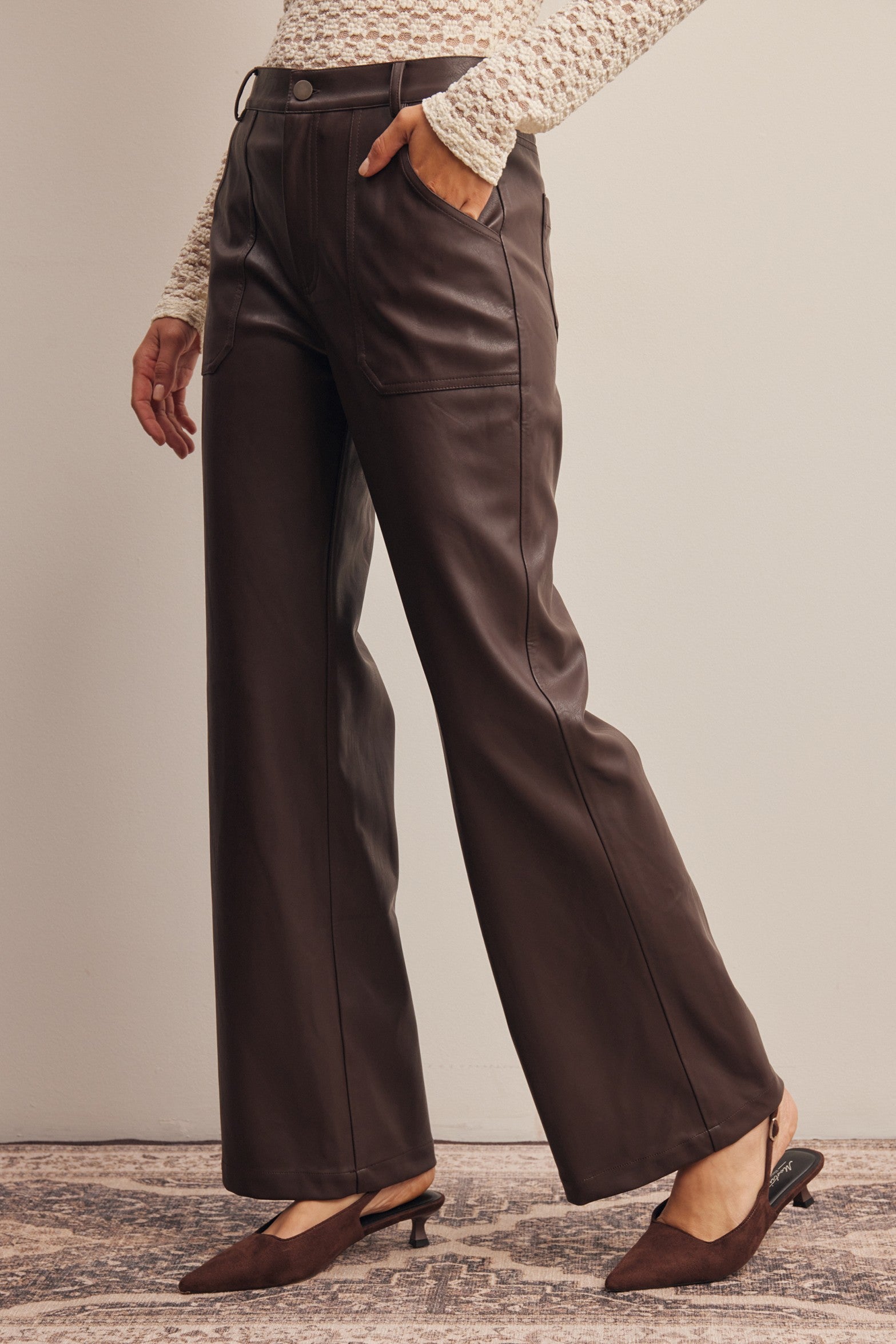 Nightfall Faux Leather Straight Leg Pants in Dark Brown, photo 7