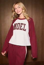 Noel Club Plaid Letter Raglan Thermal in Burgundy White — product photo 02