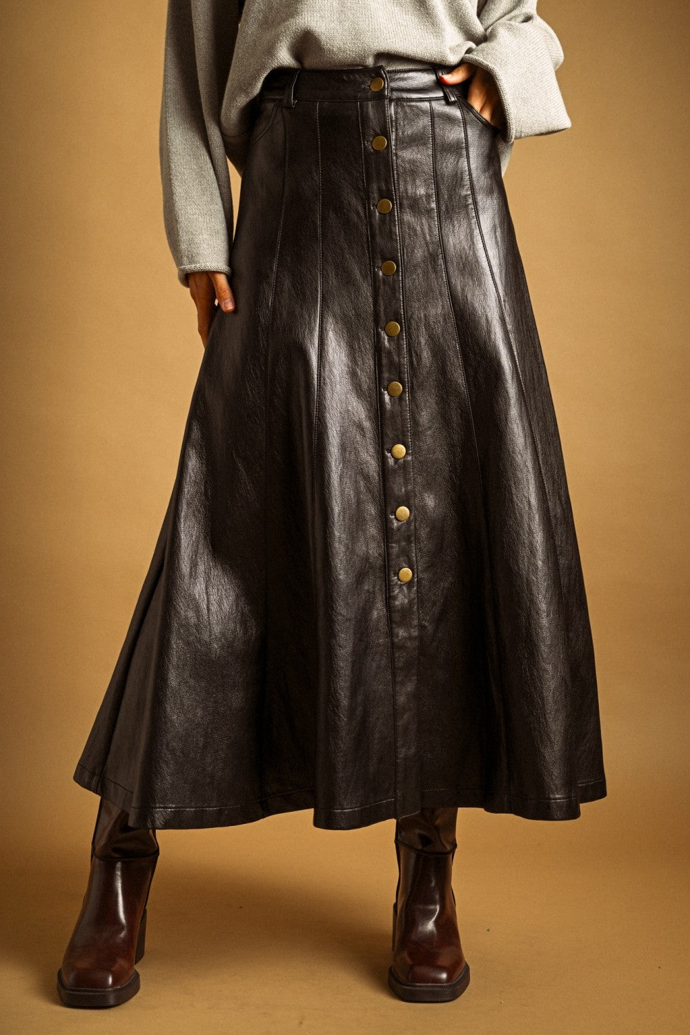 Noelle Faux Leather Snap Front Maxi Skirt - Black