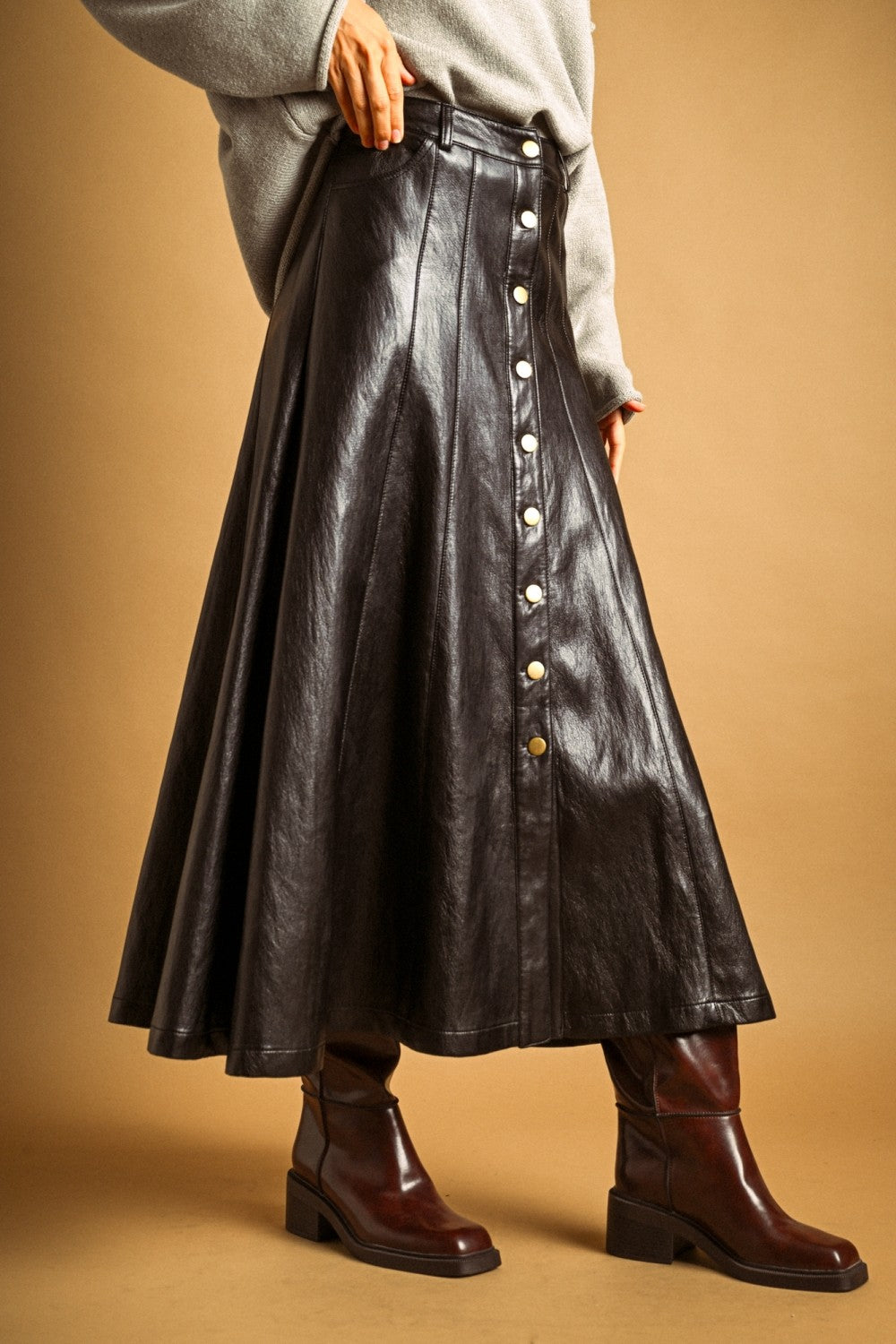 Noelle Faux Leather Snap Front Maxi Skirt - Black