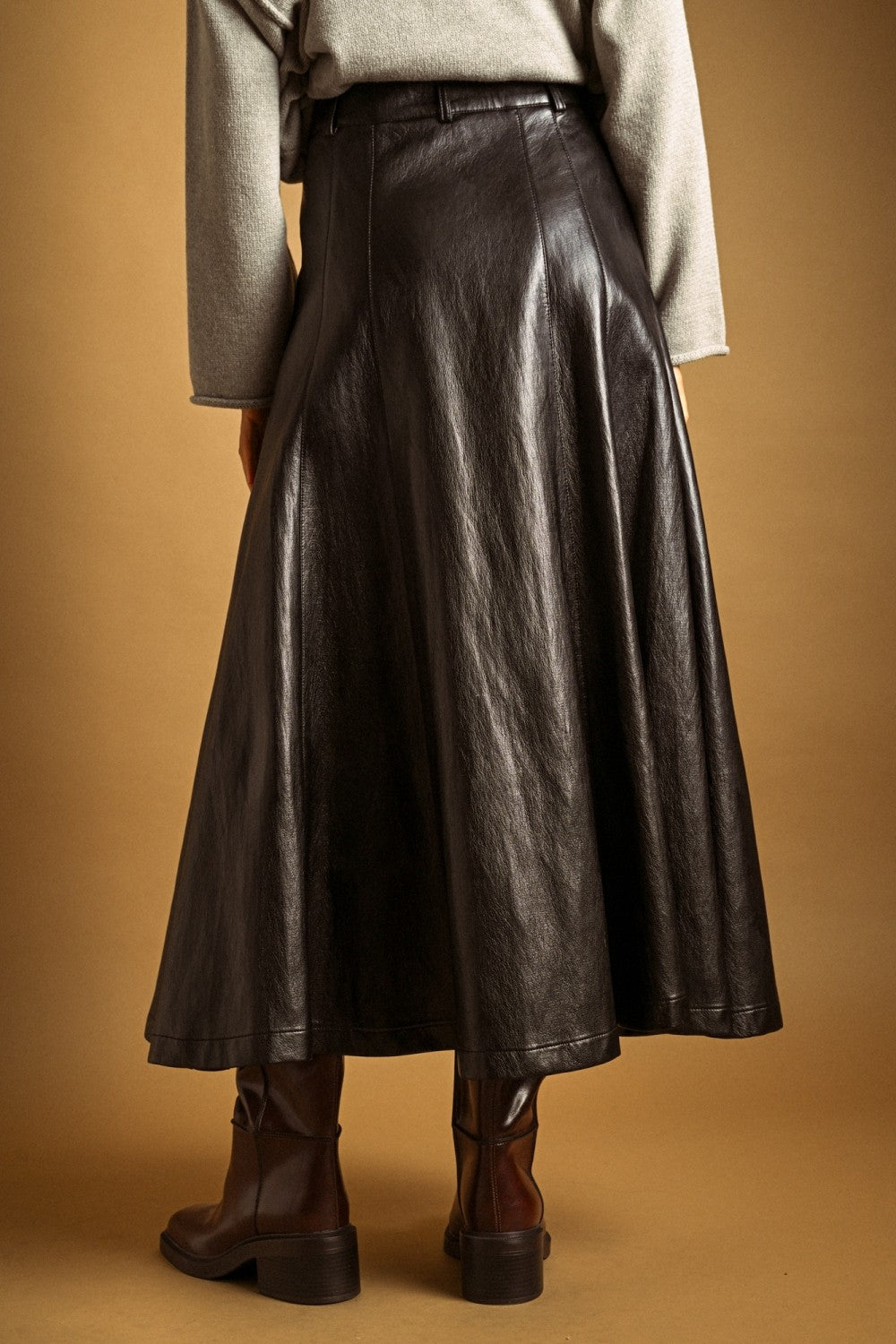 Noelle Faux Leather Snap Front Maxi Skirt - Black