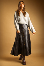 Noelle Faux Leather Snap Front Maxi Skirt - Black