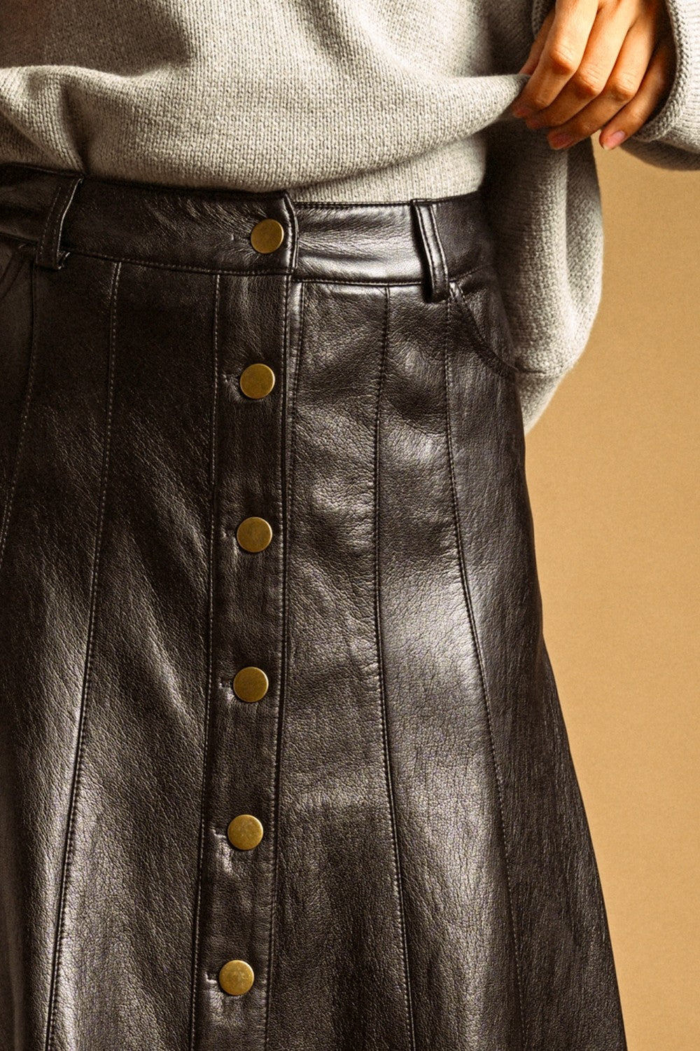 Noelle Faux Leather Snap Front Maxi Skirt - Black