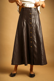 Noelle Faux Leather Snap Front Maxi Skirt - Brown
