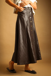 Noelle Faux Leather Snap Front Maxi Skirt - Brown