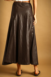 Noelle Faux Leather Snap Front Maxi Skirt - Brown