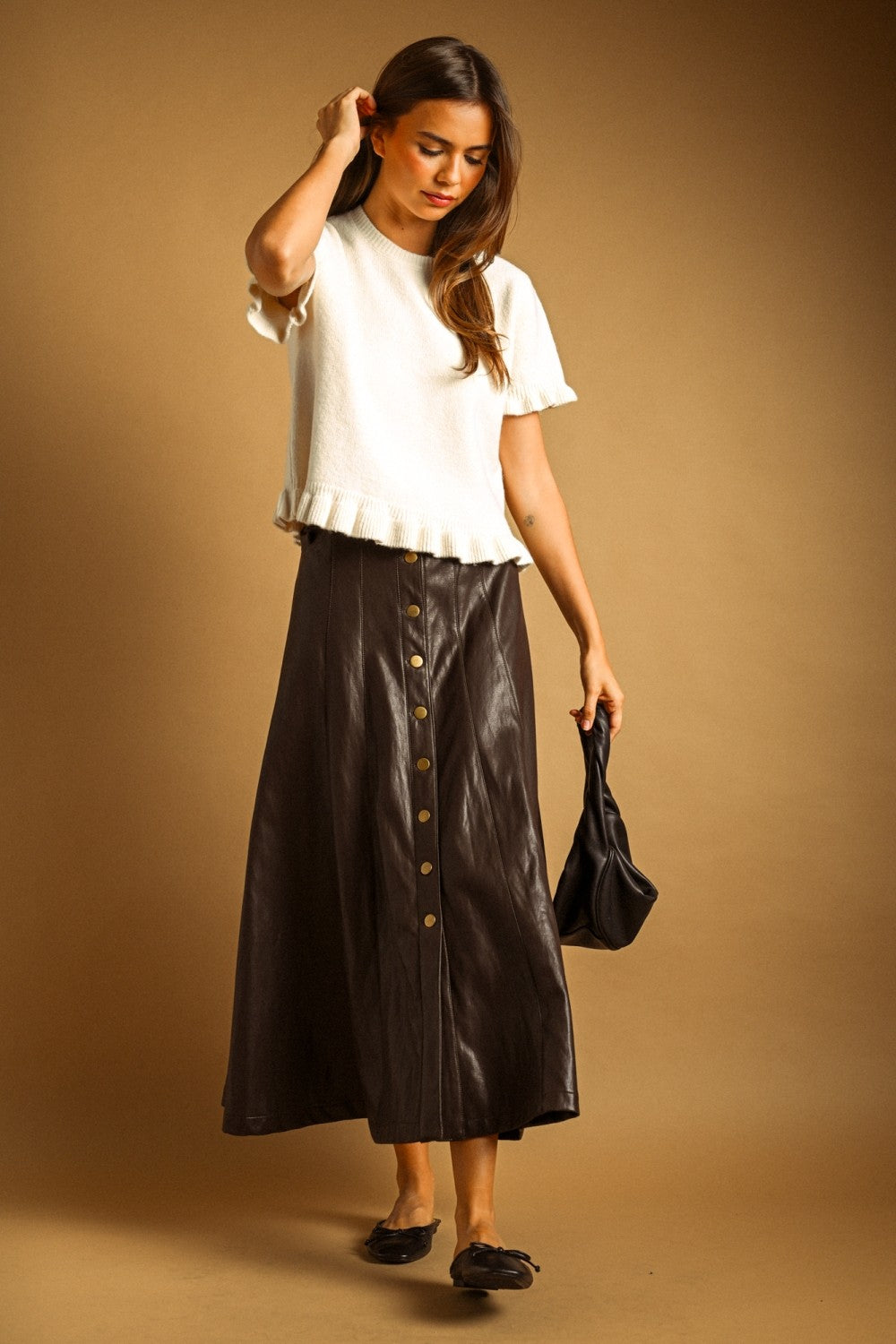 Noelle Faux Leather Snap Front Maxi Skirt - Brown