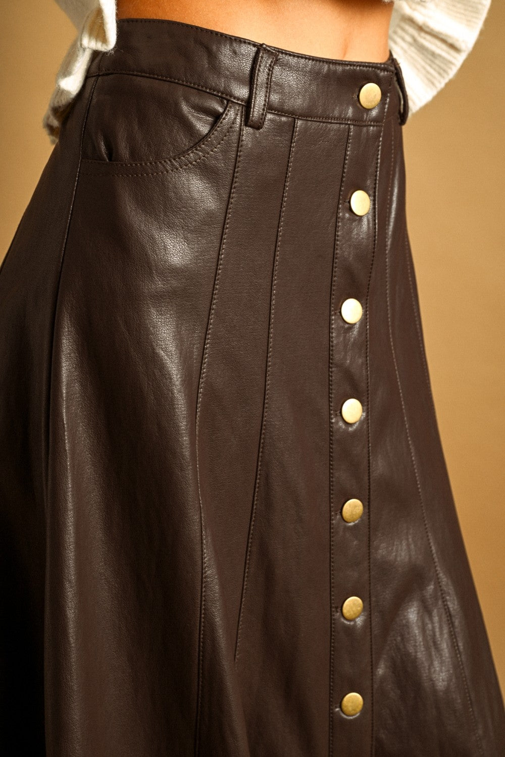 Noelle Faux Leather Snap Front Maxi Skirt - Brown
