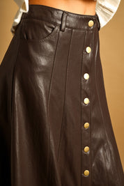 Noelle Faux Leather Snap Front Maxi Skirt - Brown