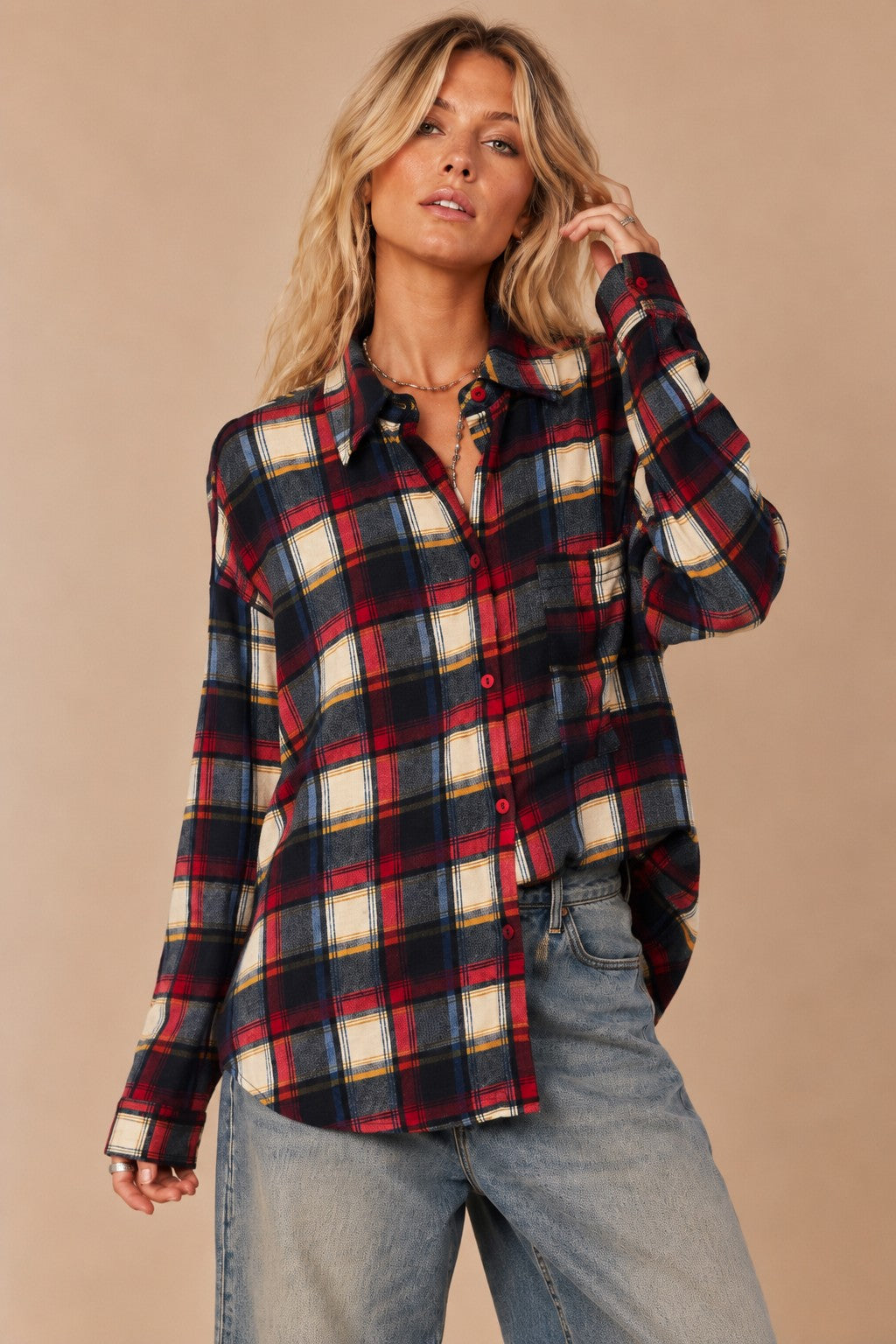 North Country Oversized Plaid Flannel Shirt in Navy Scarlet Plaid, photo 5