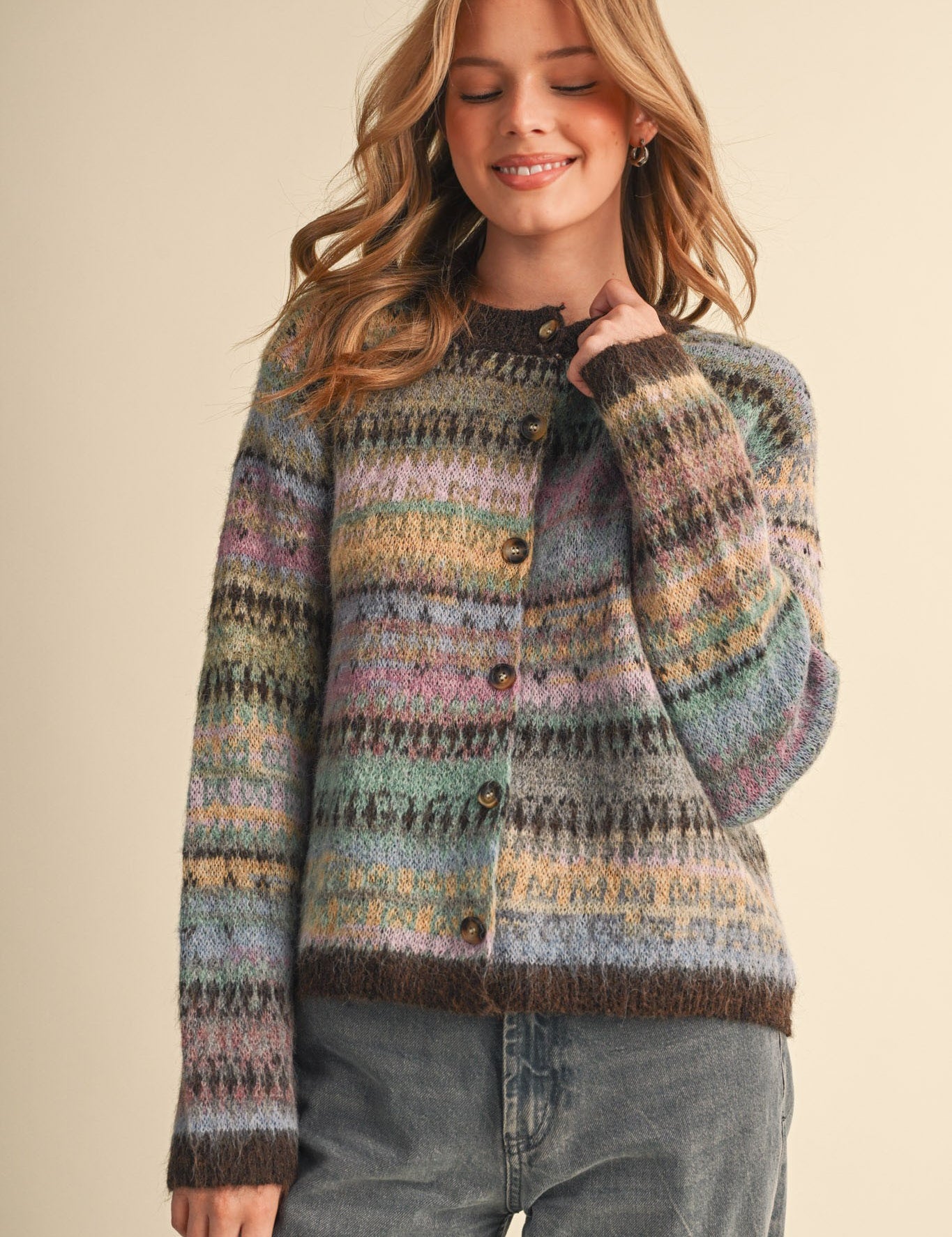 Northern Palette Fair Isle Cardigan in Mauve Brown Multi - product photo 1