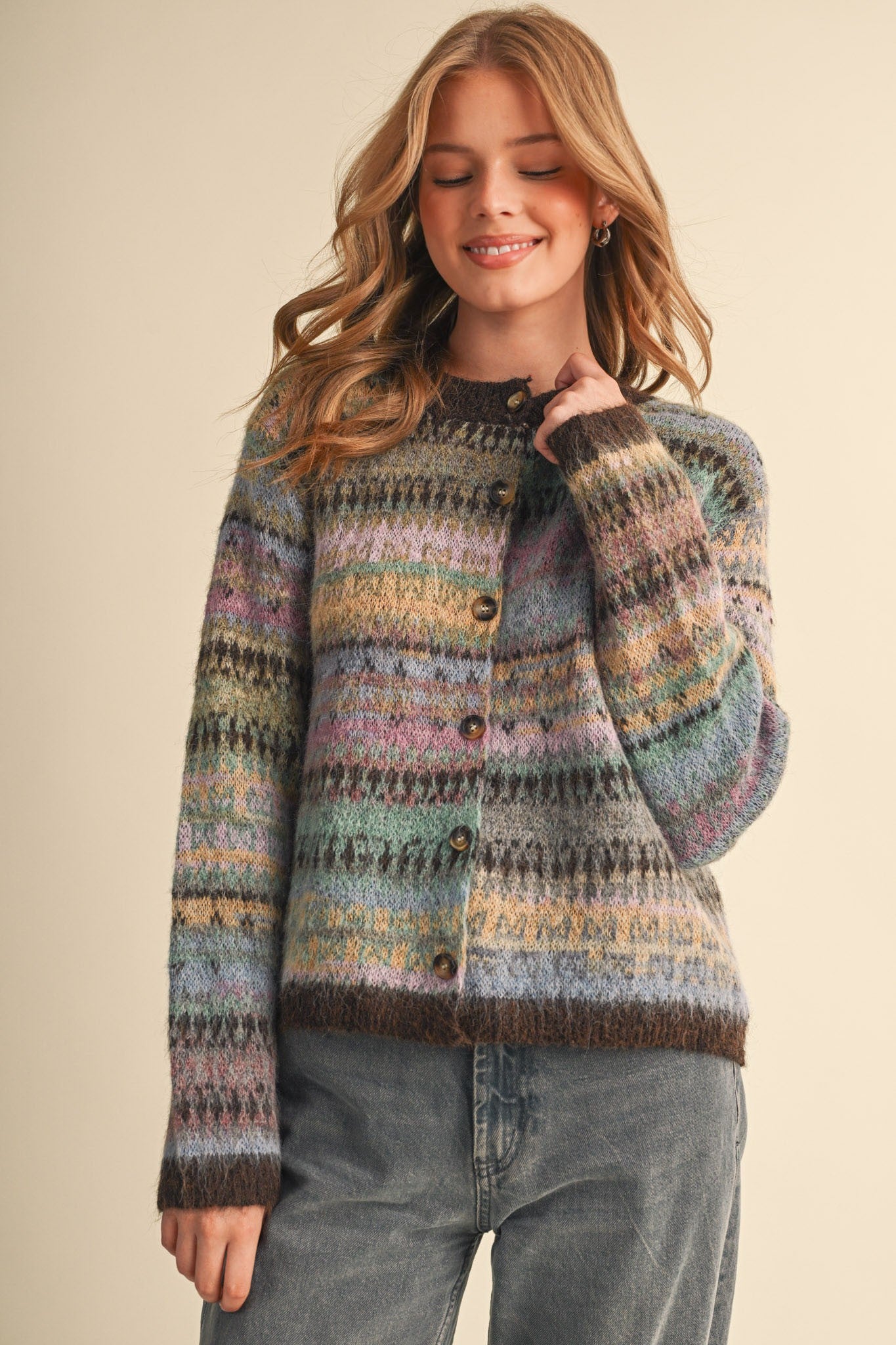 Northern Palette Fair Isle Cardigan in Mauve Brown Multi - product photo 1
