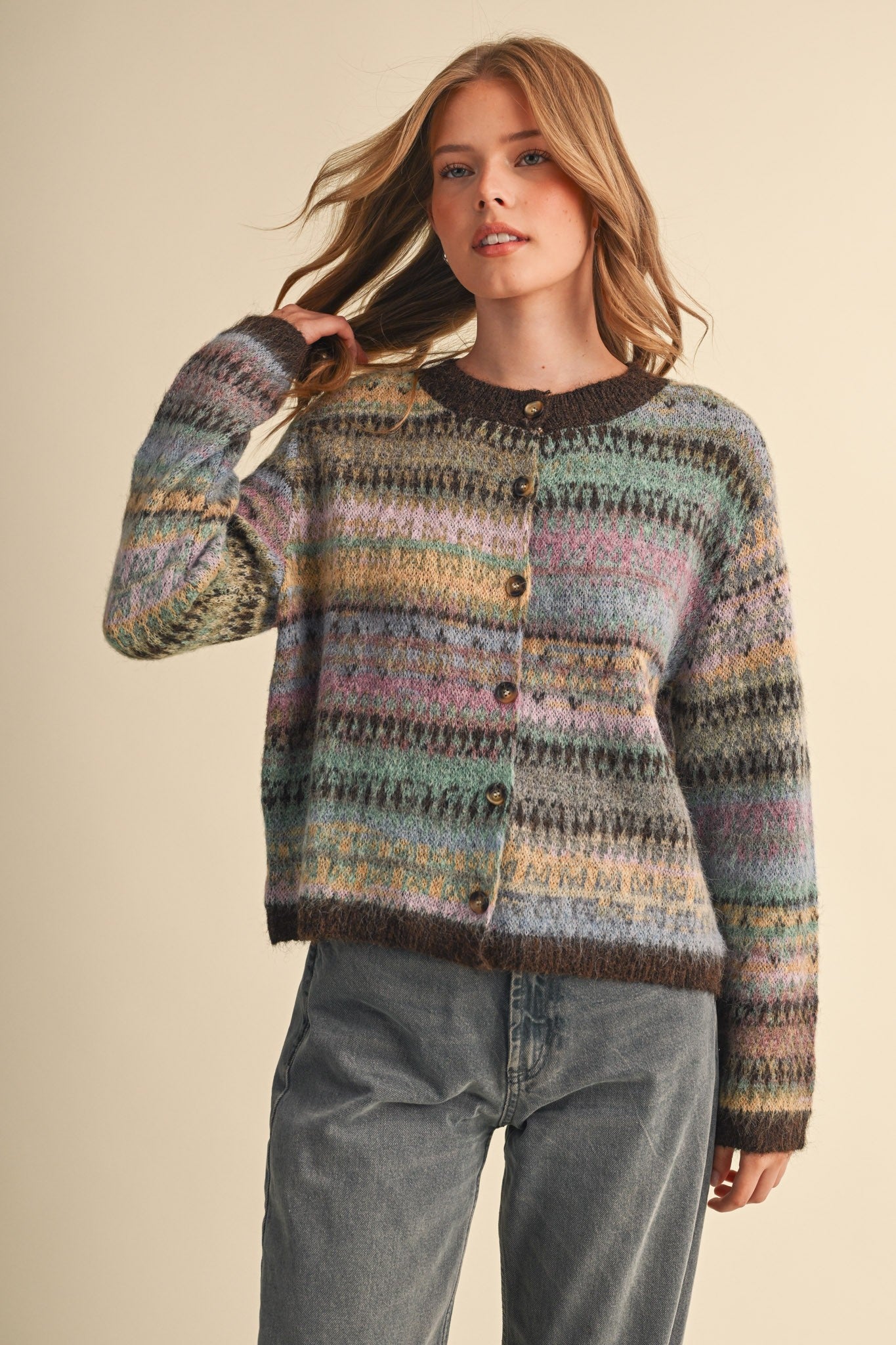 Northern Palette Fair Isle Cardigan in Mauve Brown Multi - product photo 3