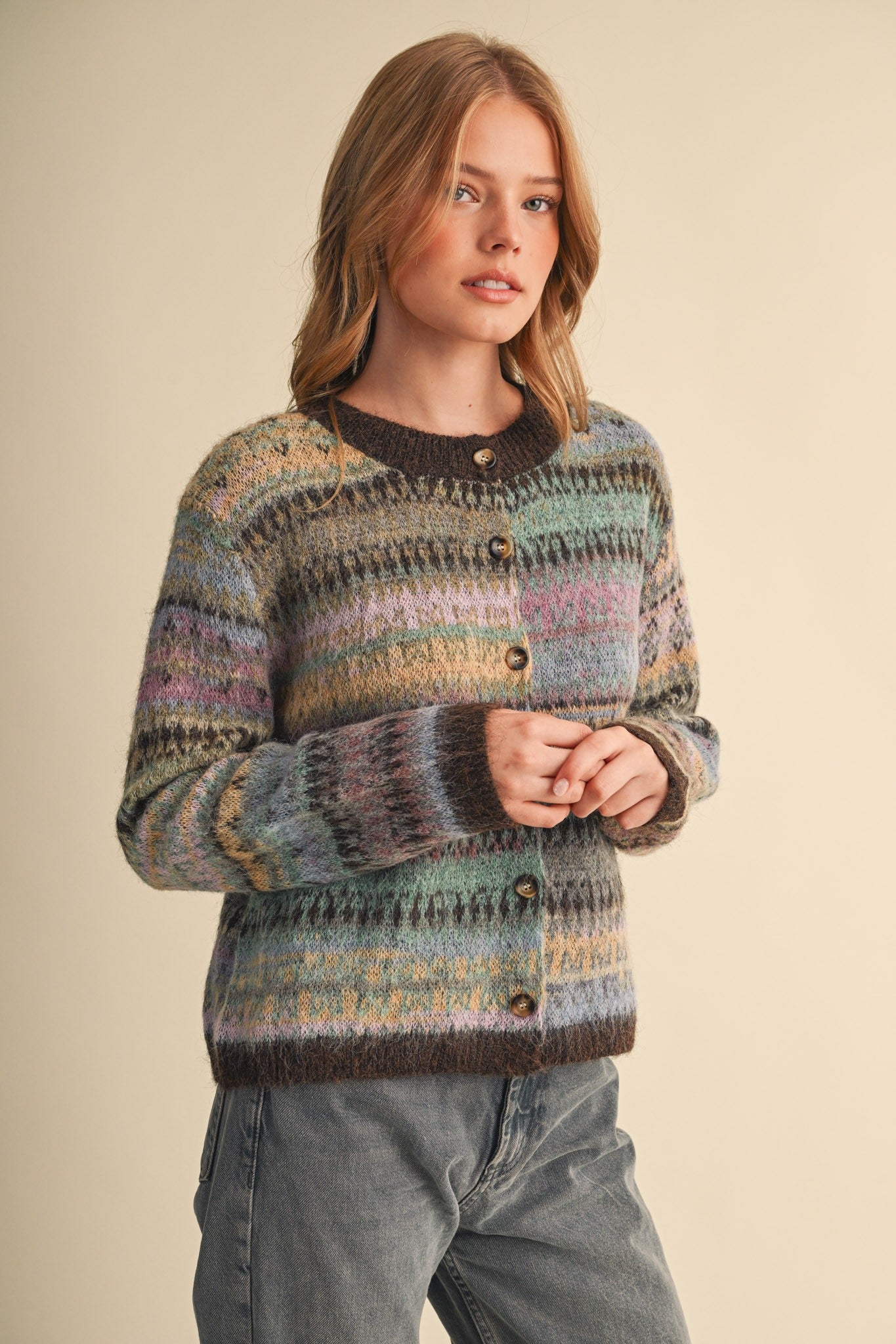 Northern Palette Fair Isle Cardigan in Mauve Brown Multi - product photo 4