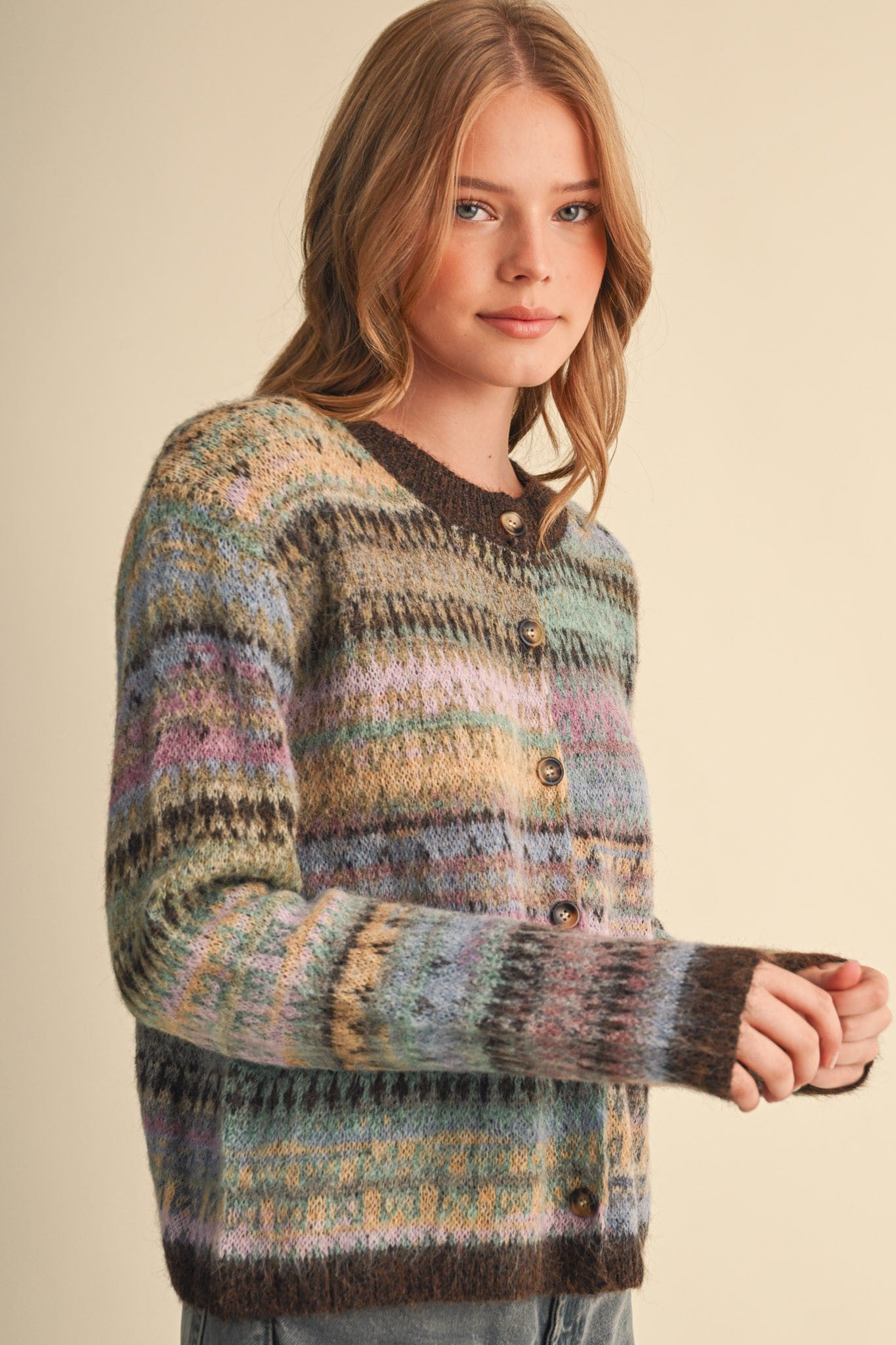 Northern Palette Fair Isle Cardigan in Mauve Brown Multi - product photo 5