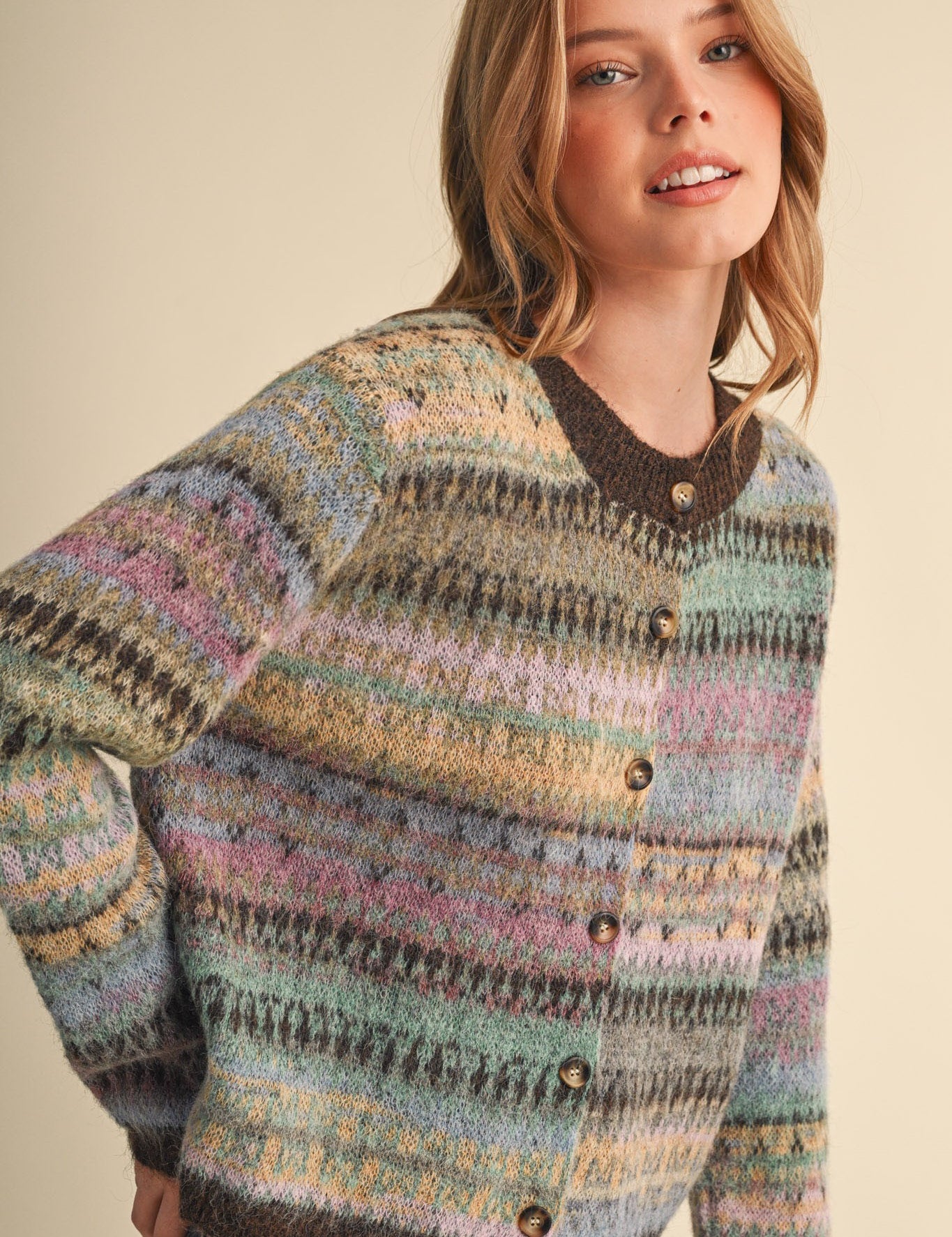 Northern Palette Fair Isle Cardigan in Mauve Brown Multi - product photo 6