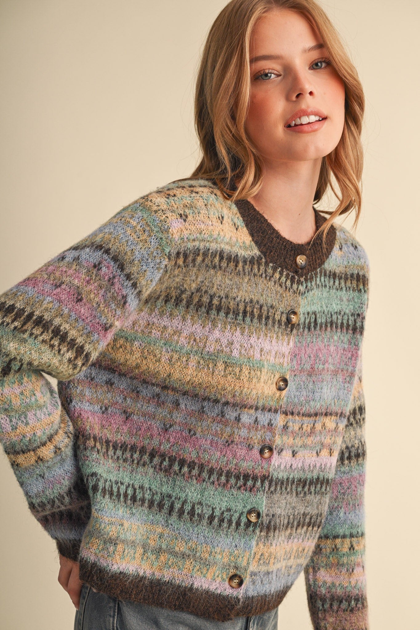 Northern Palette Fair Isle Cardigan in Mauve Brown Multi - product photo 6