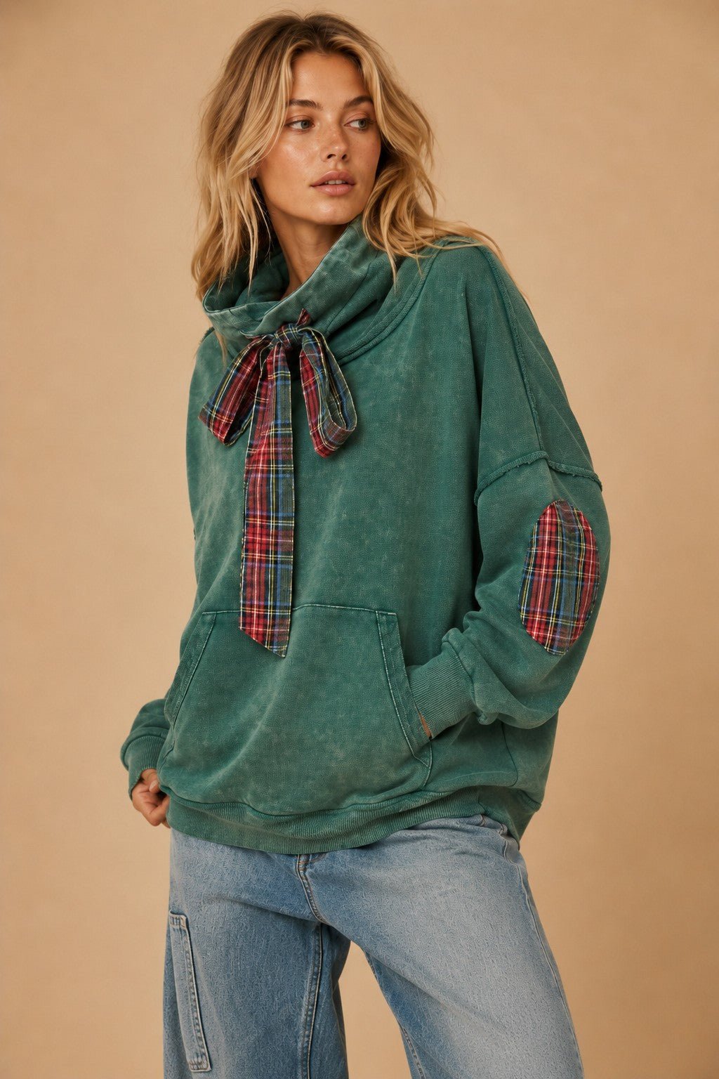 Nowhere To Be Plaid Trim Cowl Neck Sweatshirt - Westly