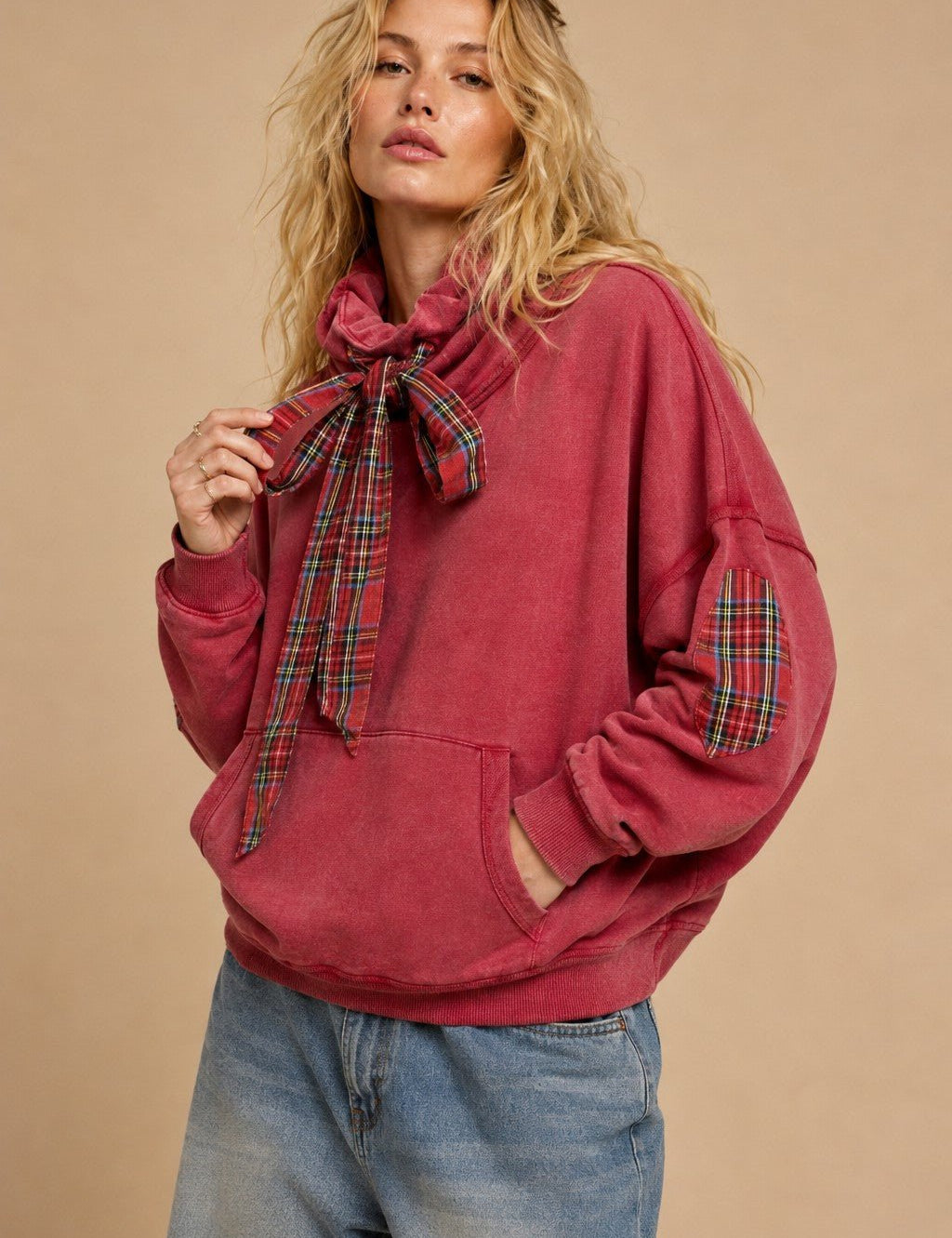 Nowhere To Be Plaid Trim Cowl Neck Sweatshirt - Westly
