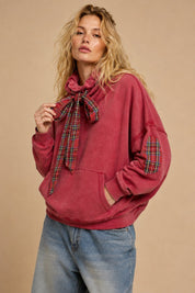 Nowhere To Be Plaid Trim Cowl Neck Sweatshirt - Westly