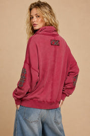 Nowhere To Be Plaid Trim Cowl Neck Sweatshirt - Westly