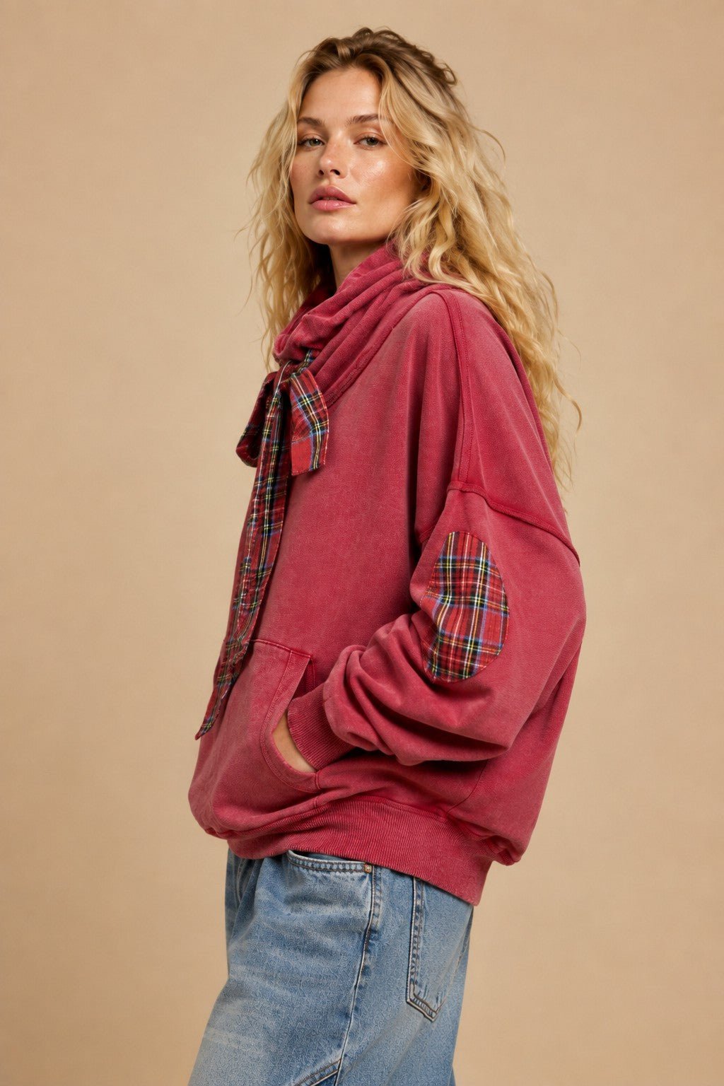 Nowhere To Be Plaid Trim Cowl Neck Sweatshirt - Westly