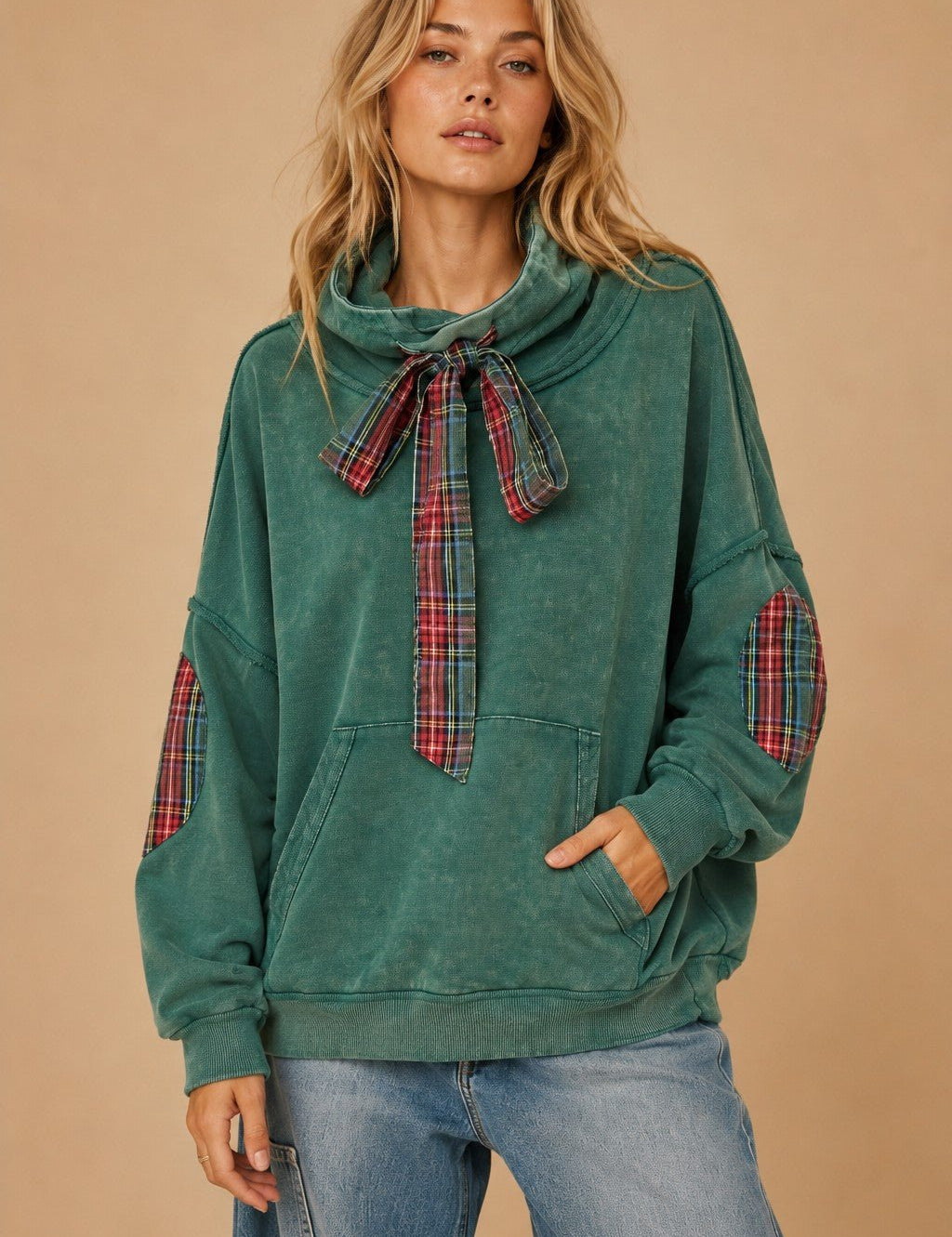 Nowhere To Be Plaid Trim Cowl Neck Sweatshirt - Westly