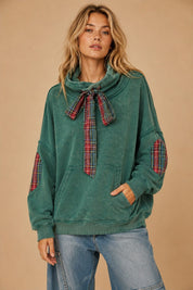 Nowhere To Be Plaid Trim Cowl Neck Sweatshirt - Westly