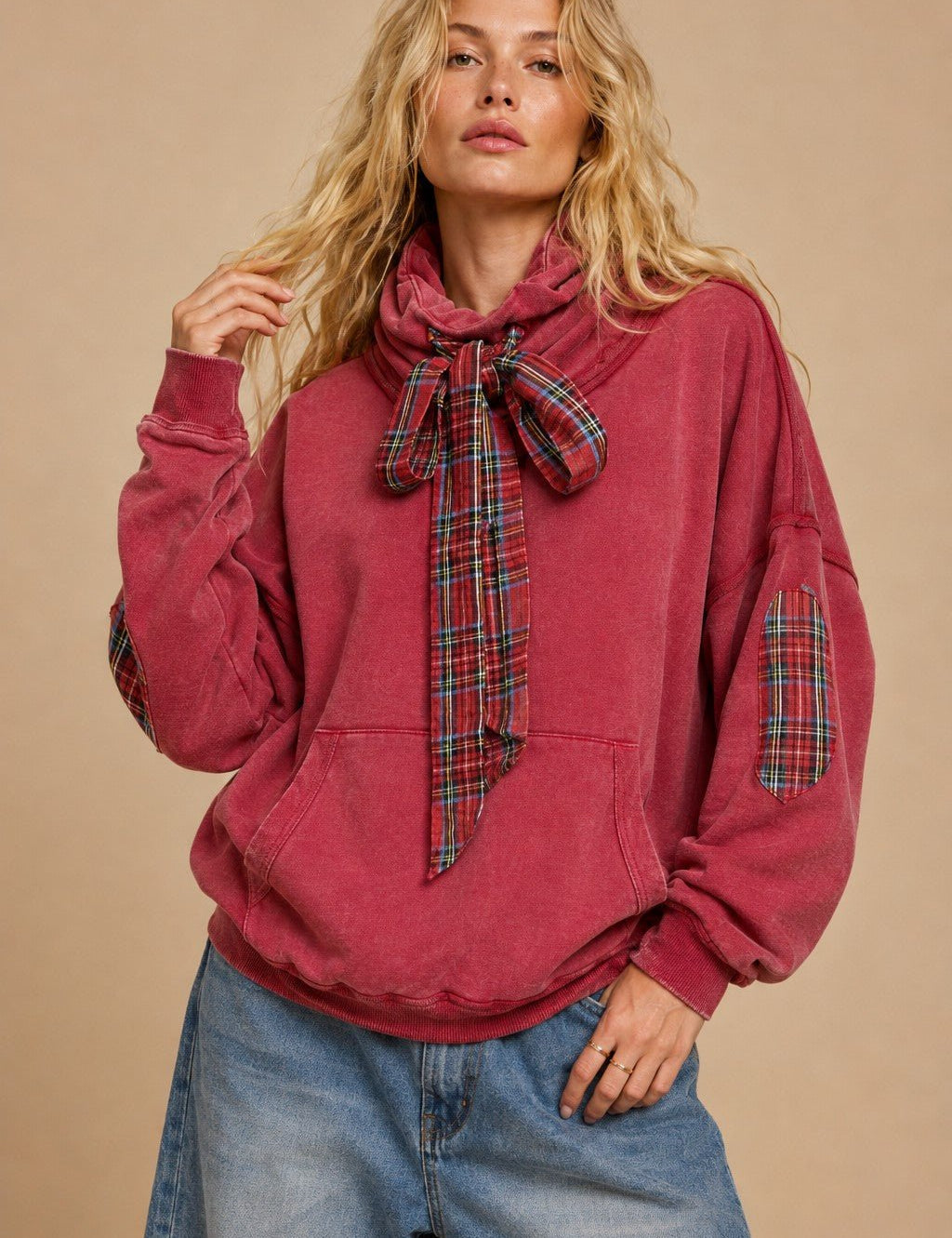 Nowhere To Be Plaid Trim Cowl Neck Sweatshirt - Westly