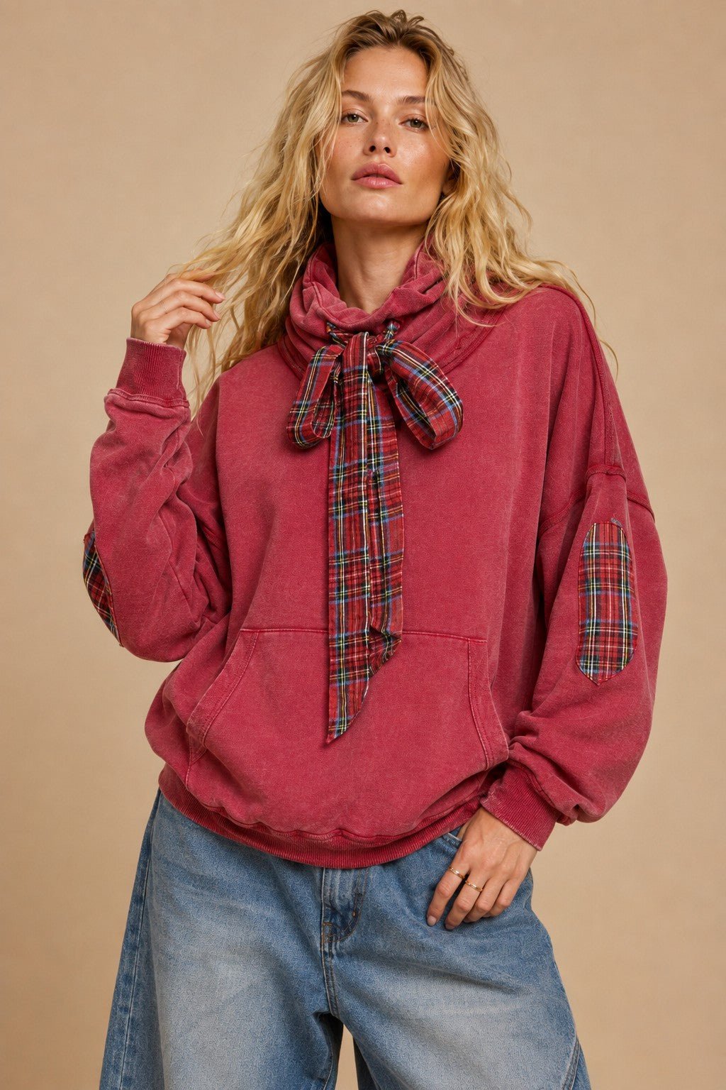 Nowhere To Be Plaid Trim Cowl Neck Sweatshirt - Westly