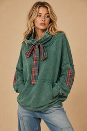 Nowhere To Be Plaid Trim Cowl Neck Sweatshirt - Westly