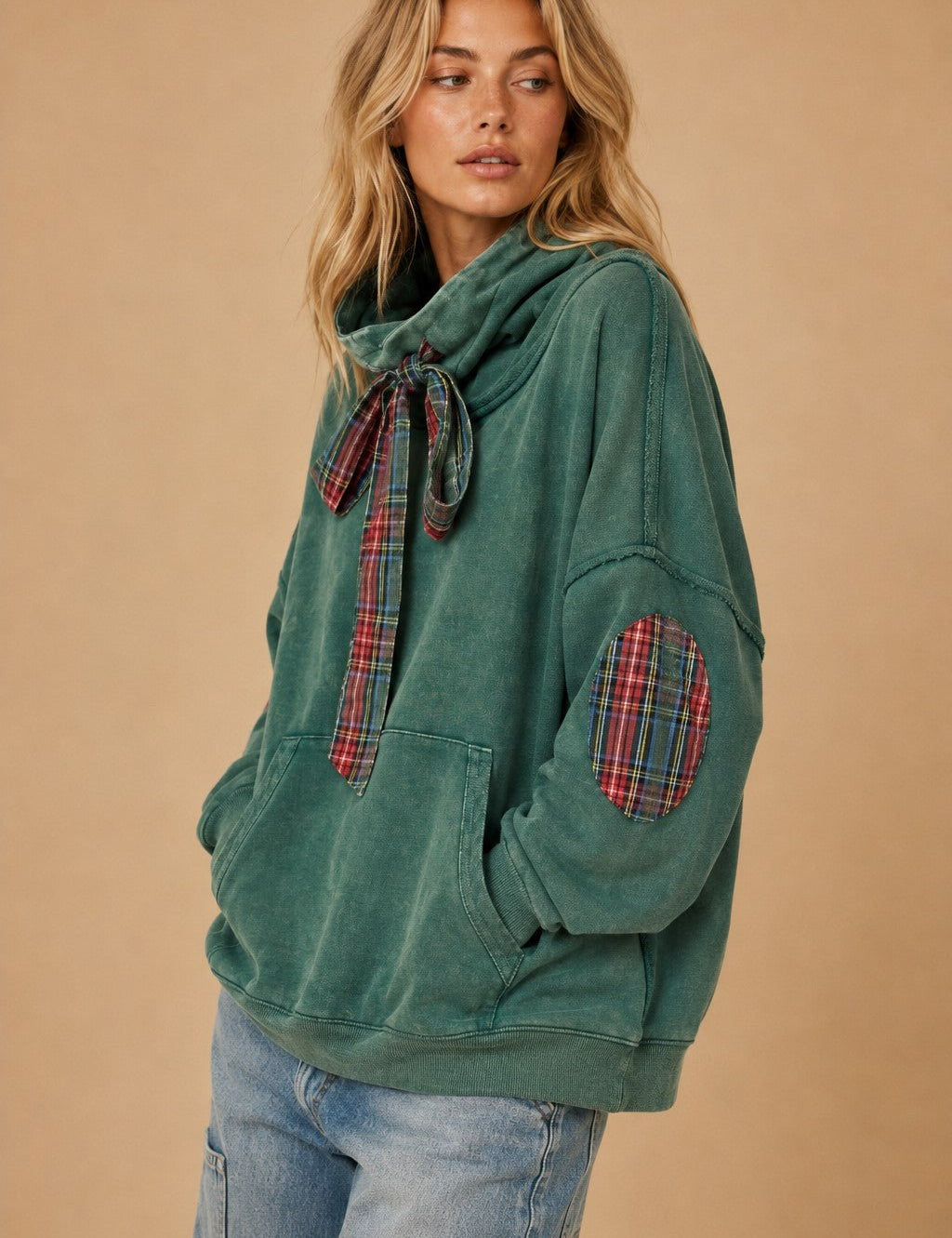 Nowhere To Be Plaid Trim Cowl Neck Sweatshirt - Westly
