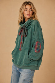 Nowhere To Be Plaid Trim Cowl Neck Sweatshirt - Westly