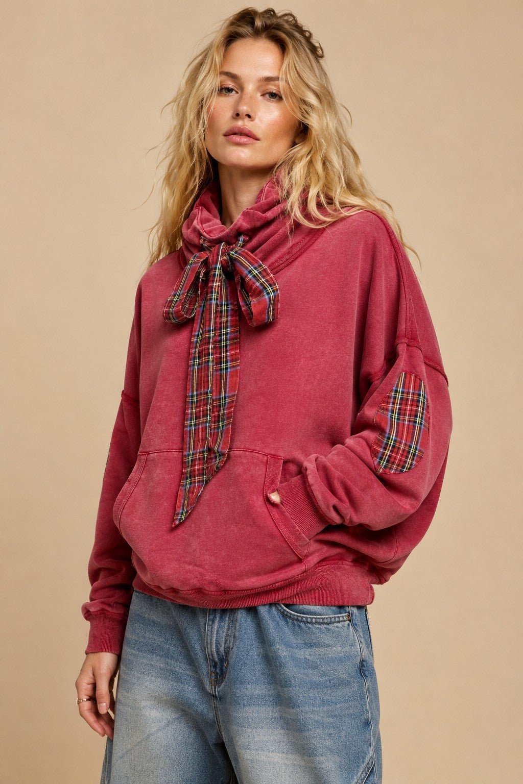 Nowhere To Be Plaid Trim Cowl Neck Sweatshirt - Westly