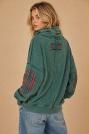 Nowhere To Be Plaid Trim Cowl Neck Sweatshirt - Westly