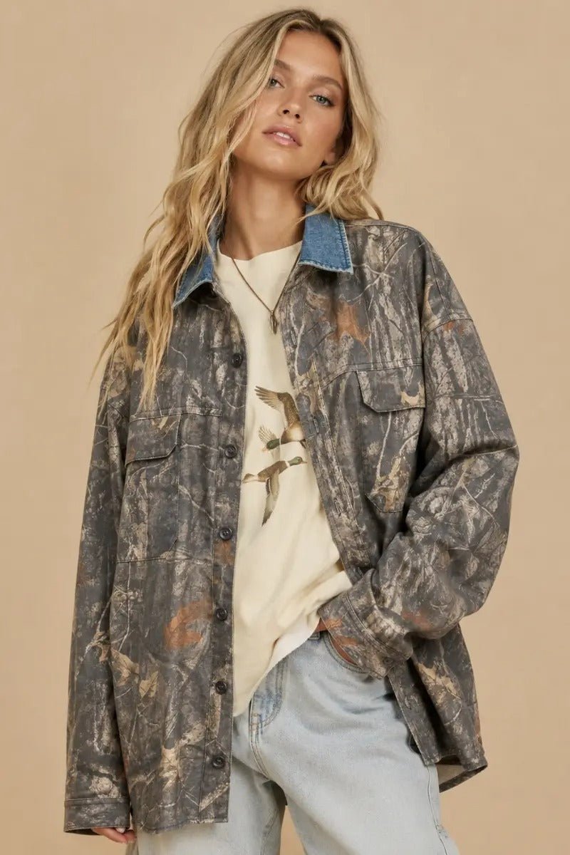 Oak Creek Denim Collar Camo Shacket - Westly