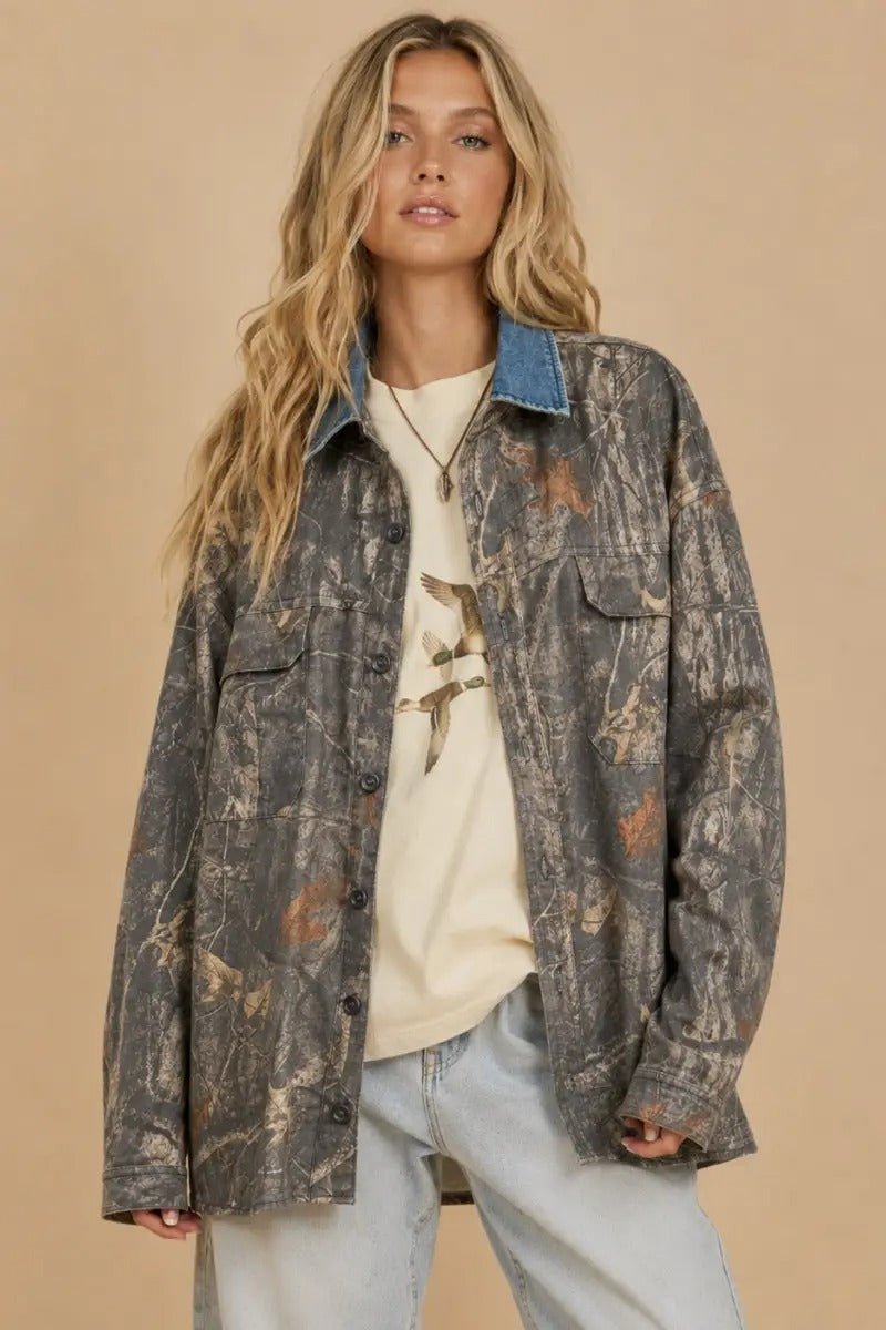 Oak Creek Denim Collar Camo Shacket - Westly