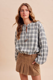 Oak & Ember Ruched Sleeve Plaid Blouse - Westly