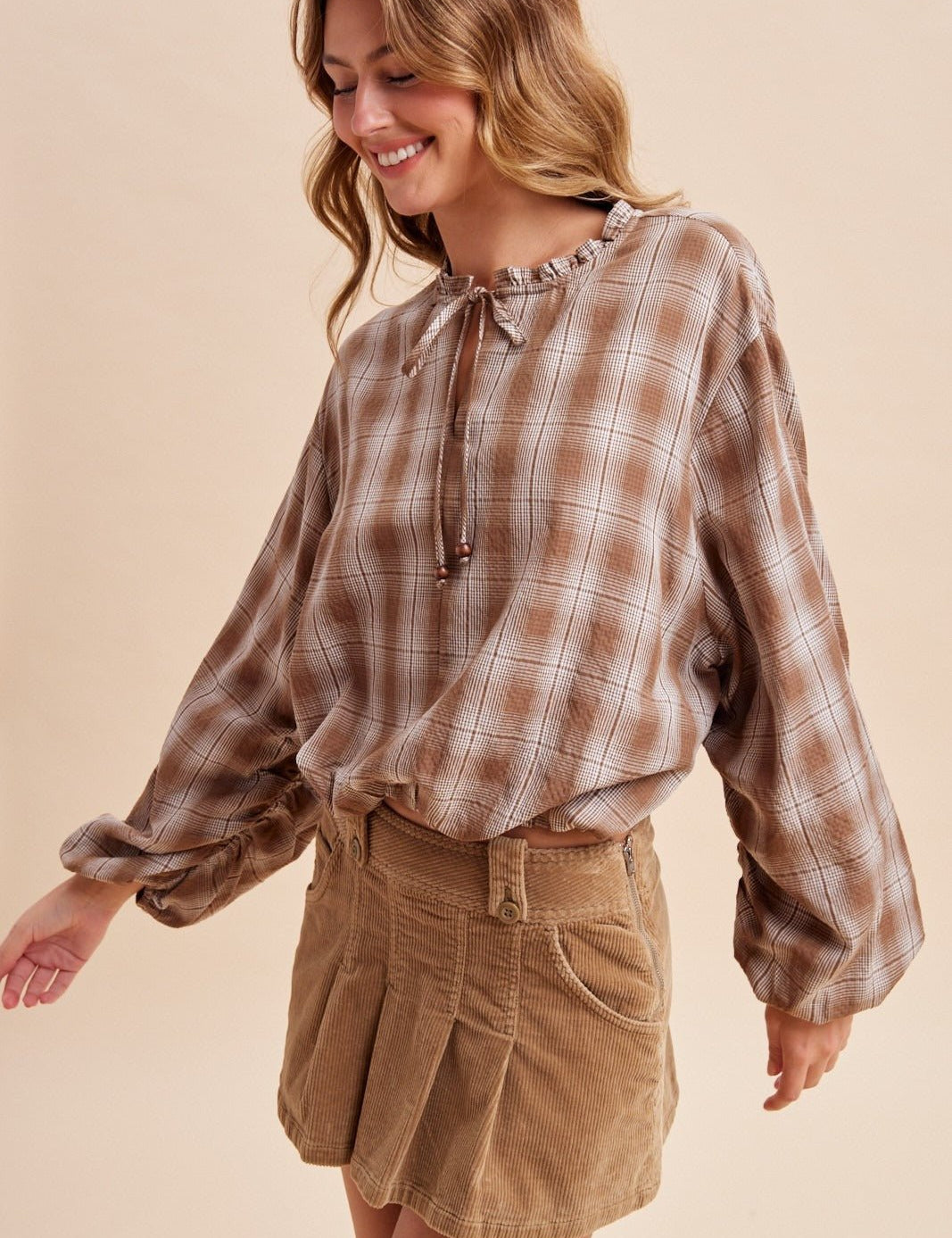 Oak & Ember Ruched Sleeve Plaid Blouse - Westly