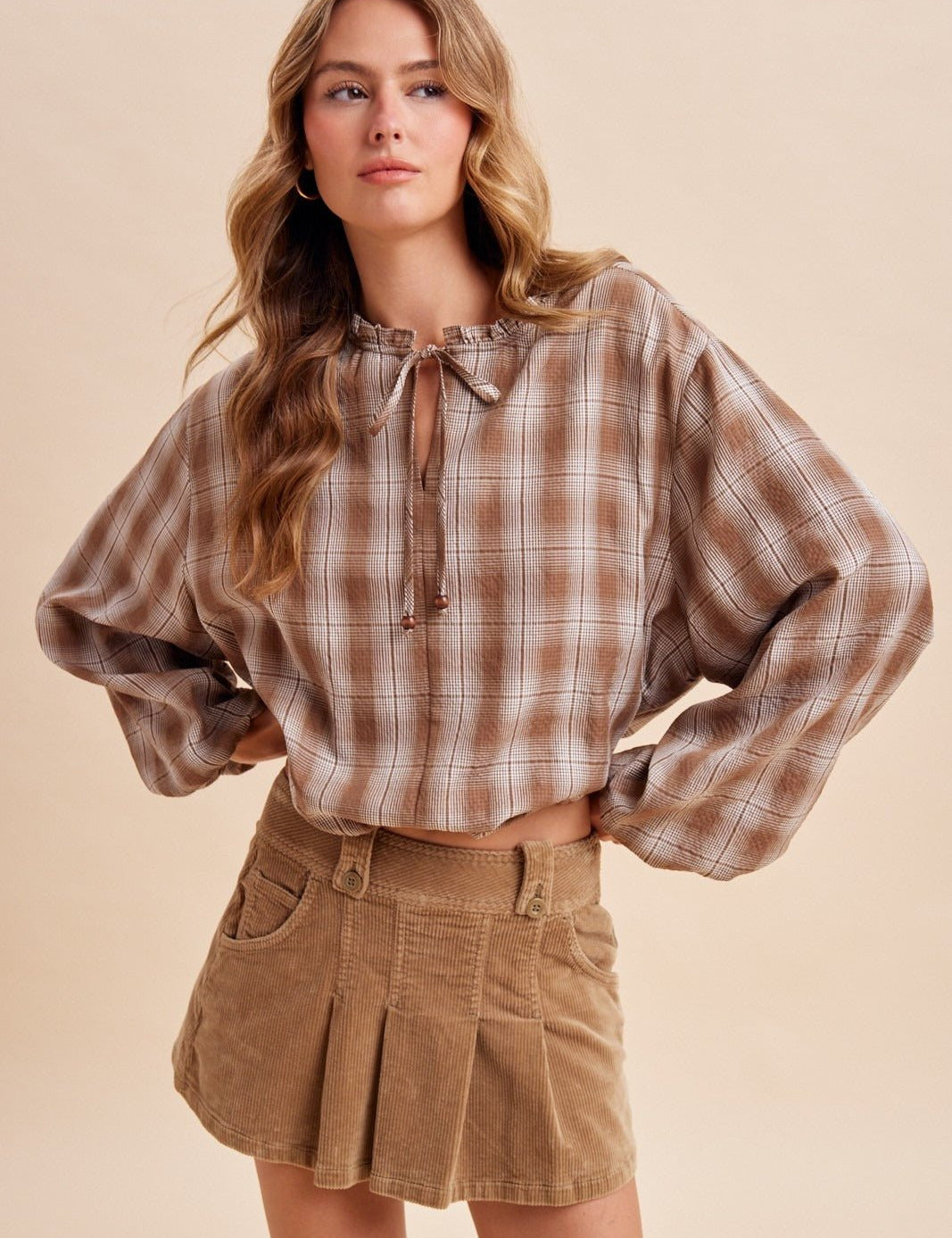Oak & Ember Ruched Sleeve Plaid Blouse - Westly