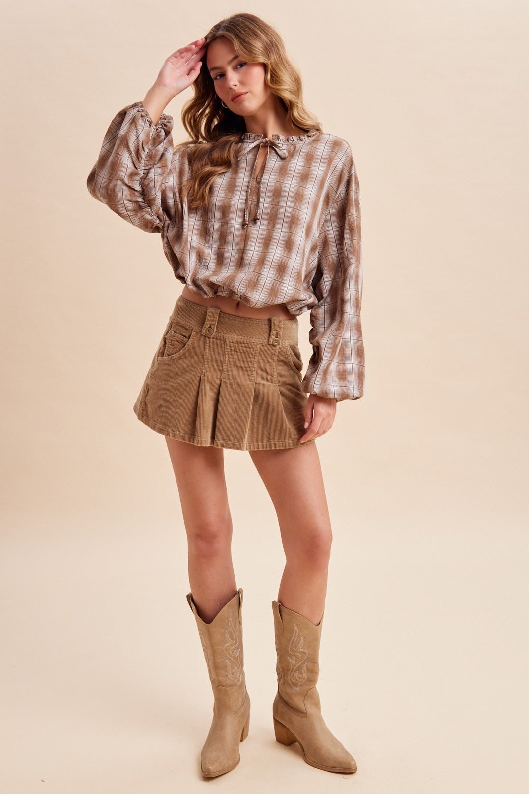 Oak & Ember Ruched Sleeve Plaid Blouse - Westly