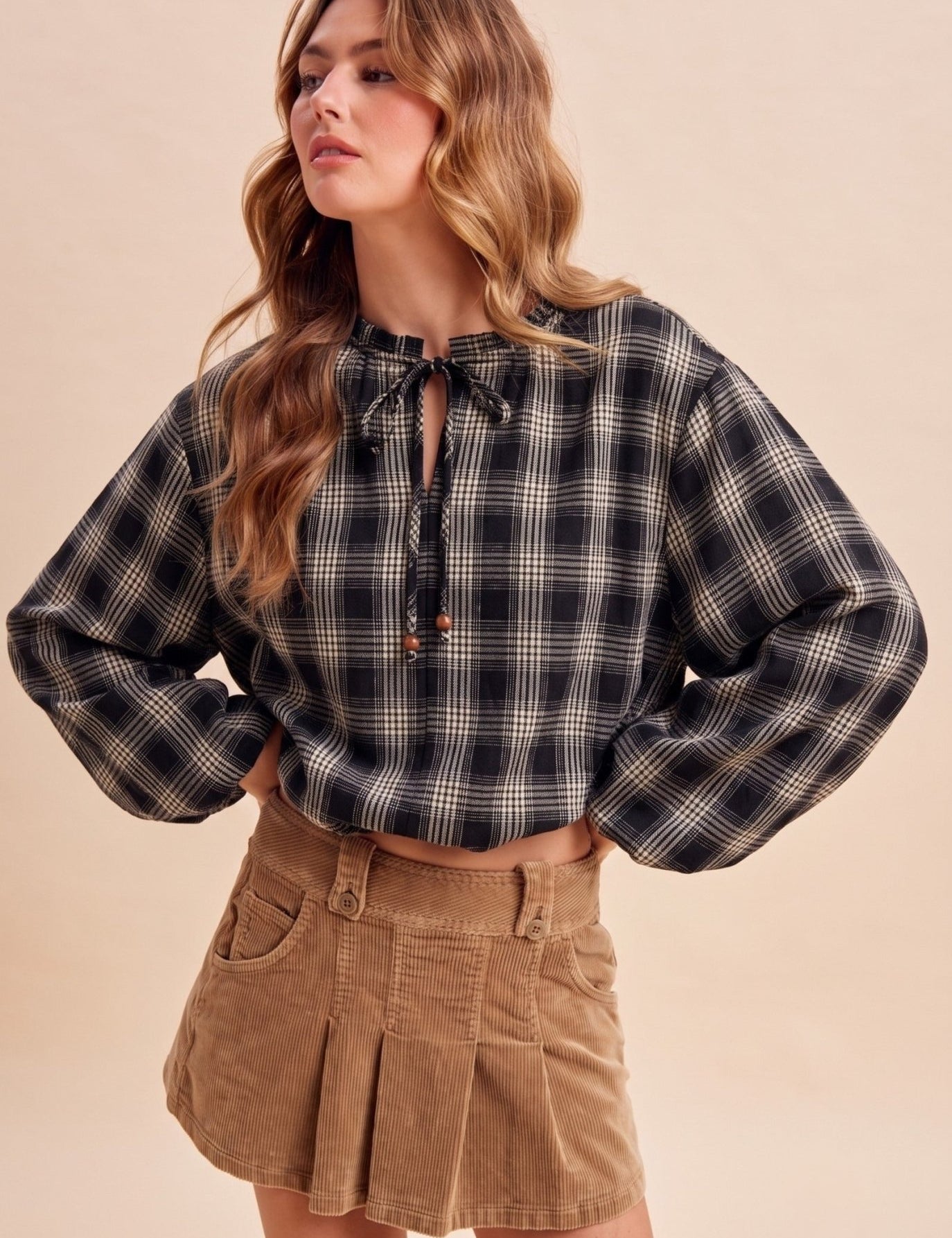 Oak & Ember Ruched Sleeve Plaid Blouse - Westly